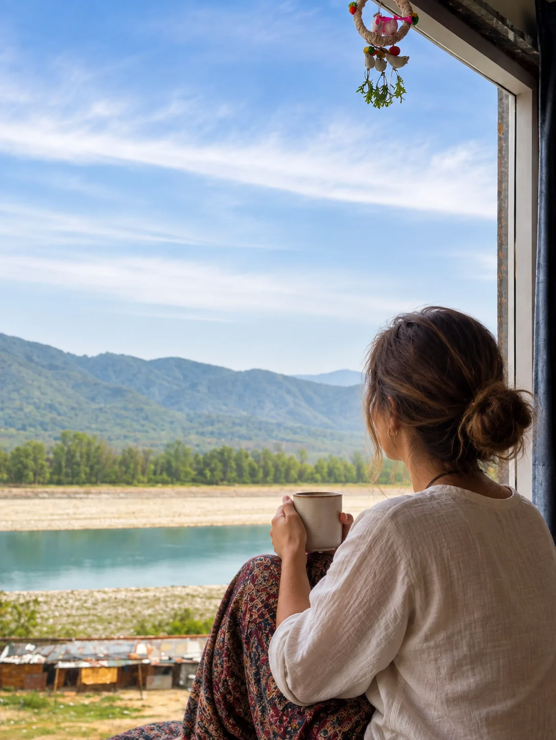 Illustrative lifestyle scene of a traveler enjoying coffee by the Ganga view
