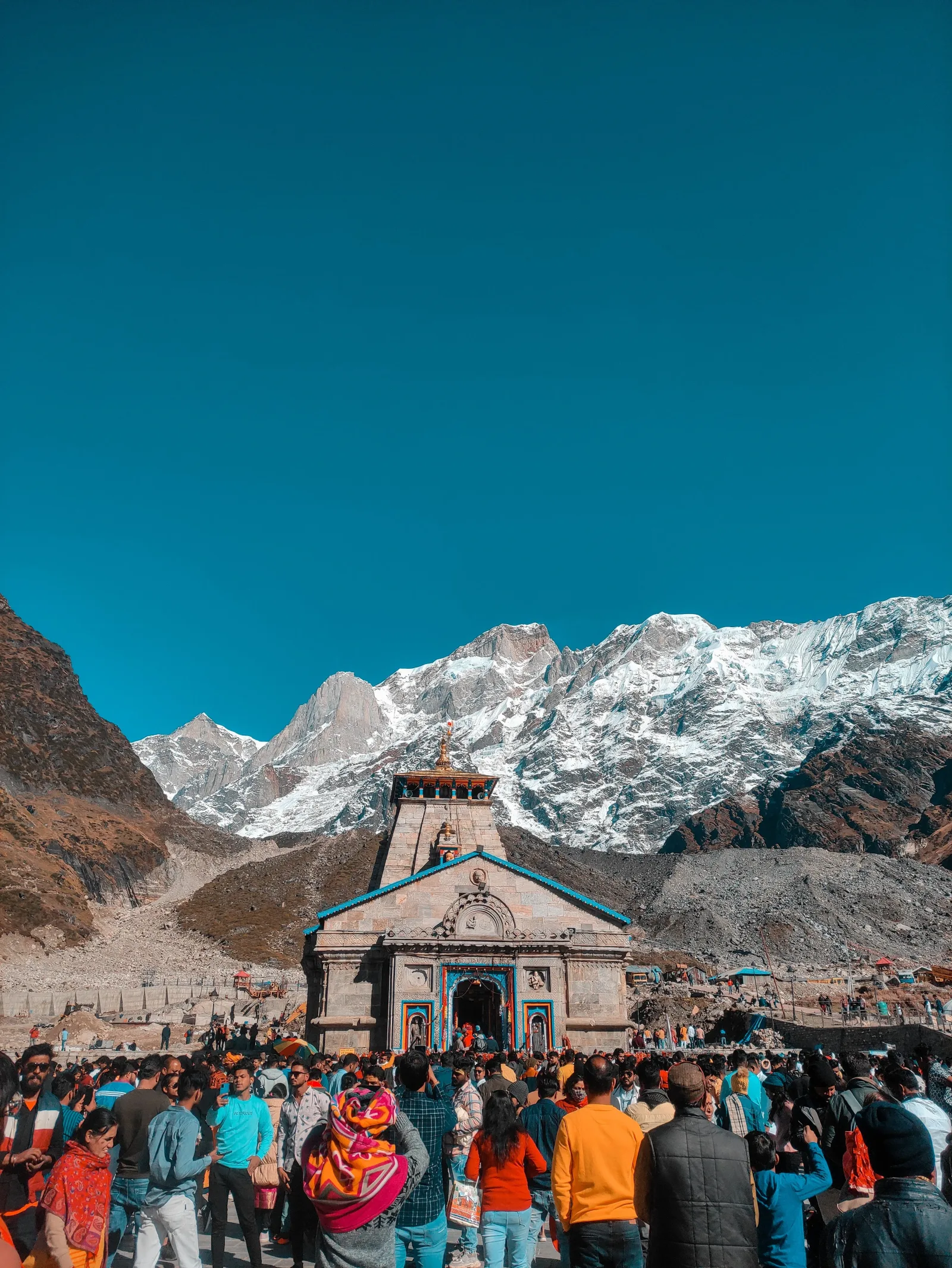 Pilgrims gathered outside Kedarnath Temple
