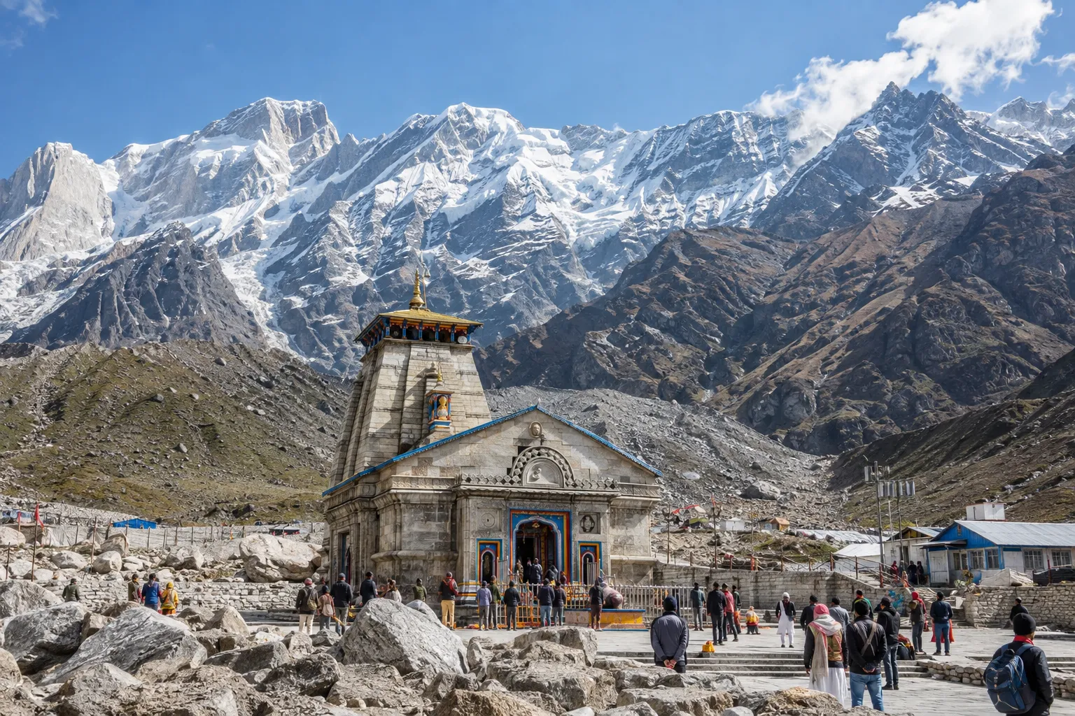 Editorial view of Kedarnath Temple in a broad Himalayan valley