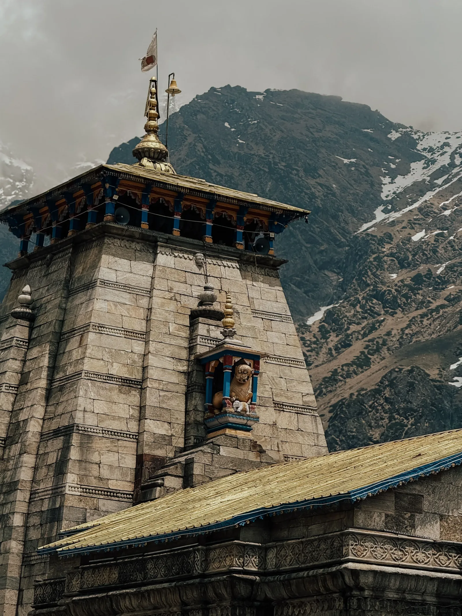 Kedarnath Temple with the Himalayan mountains behind it