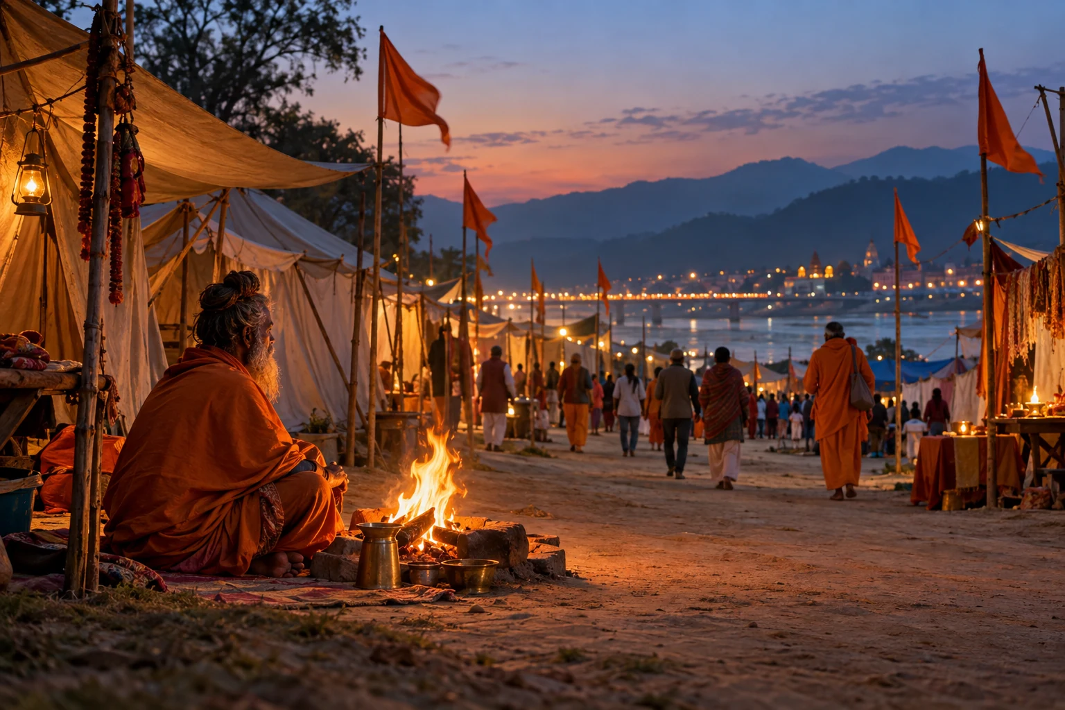 Illustrative Kumbh pilgrimage camp with a sadhu beside a small fire at dusk