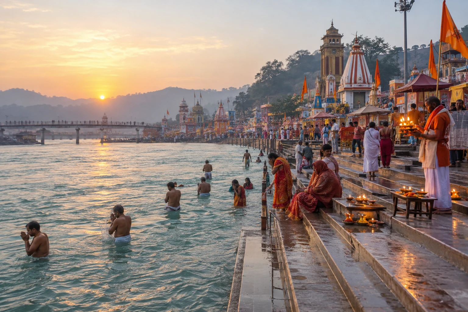 Illustrative Kumbh ritual bathing scene at a Ganga ghat at sunrise