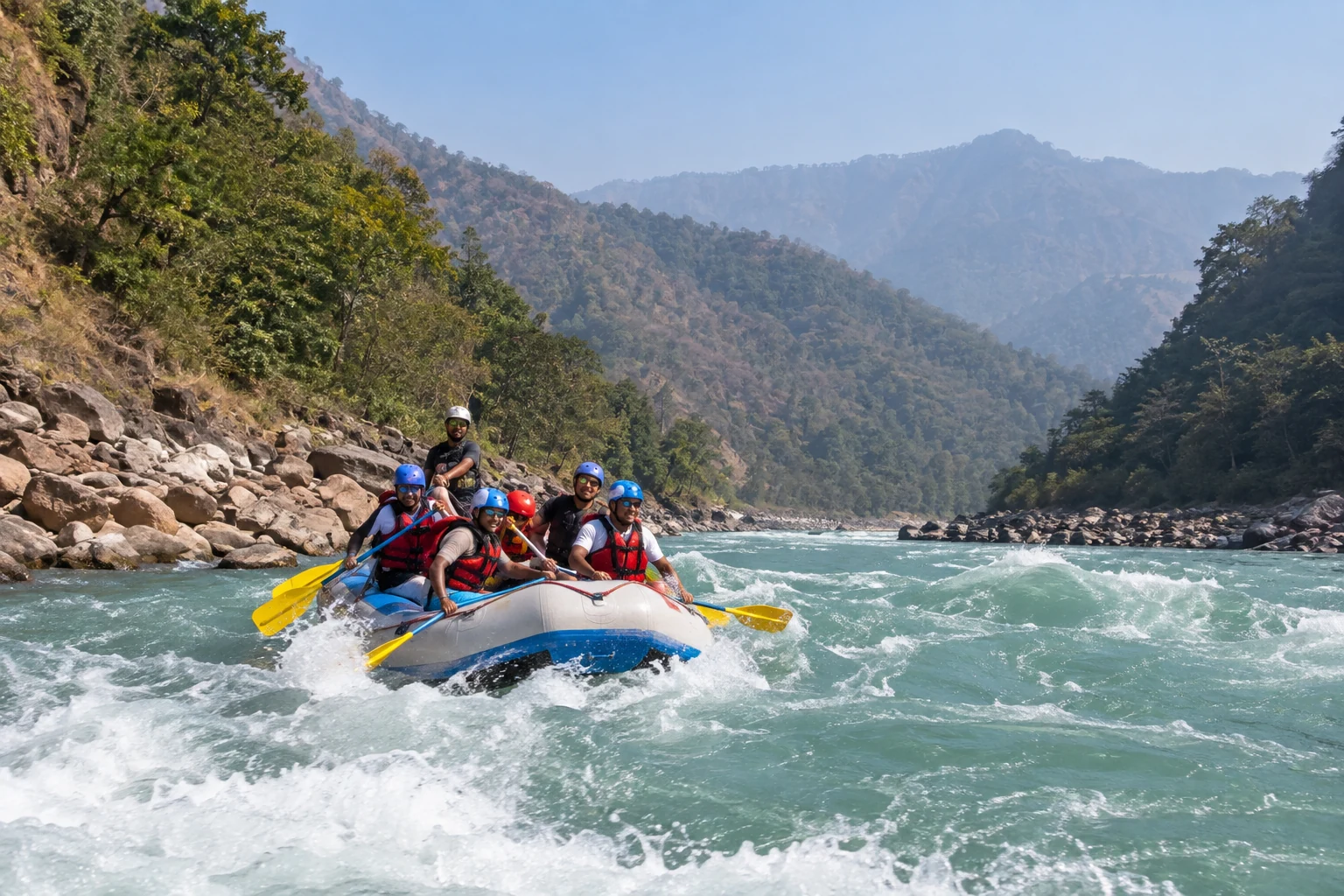 Guided whitewater rafting on the Ganges near Rishikesh