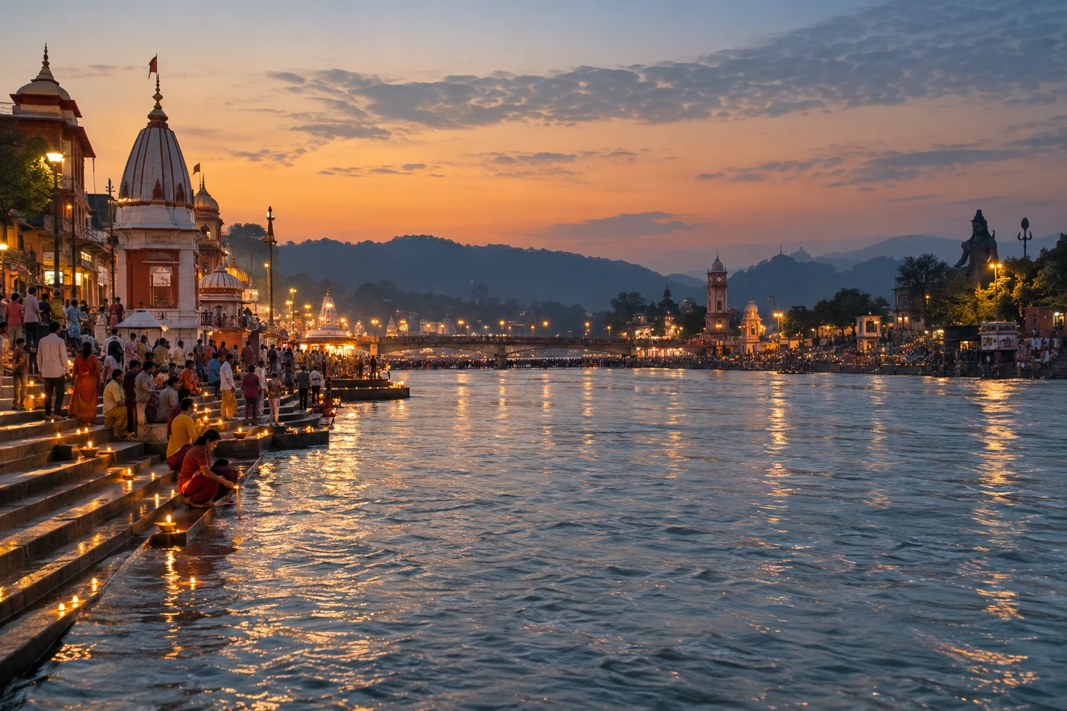 Evening riverfront atmosphere in Haridwar downstream from Rishikesh