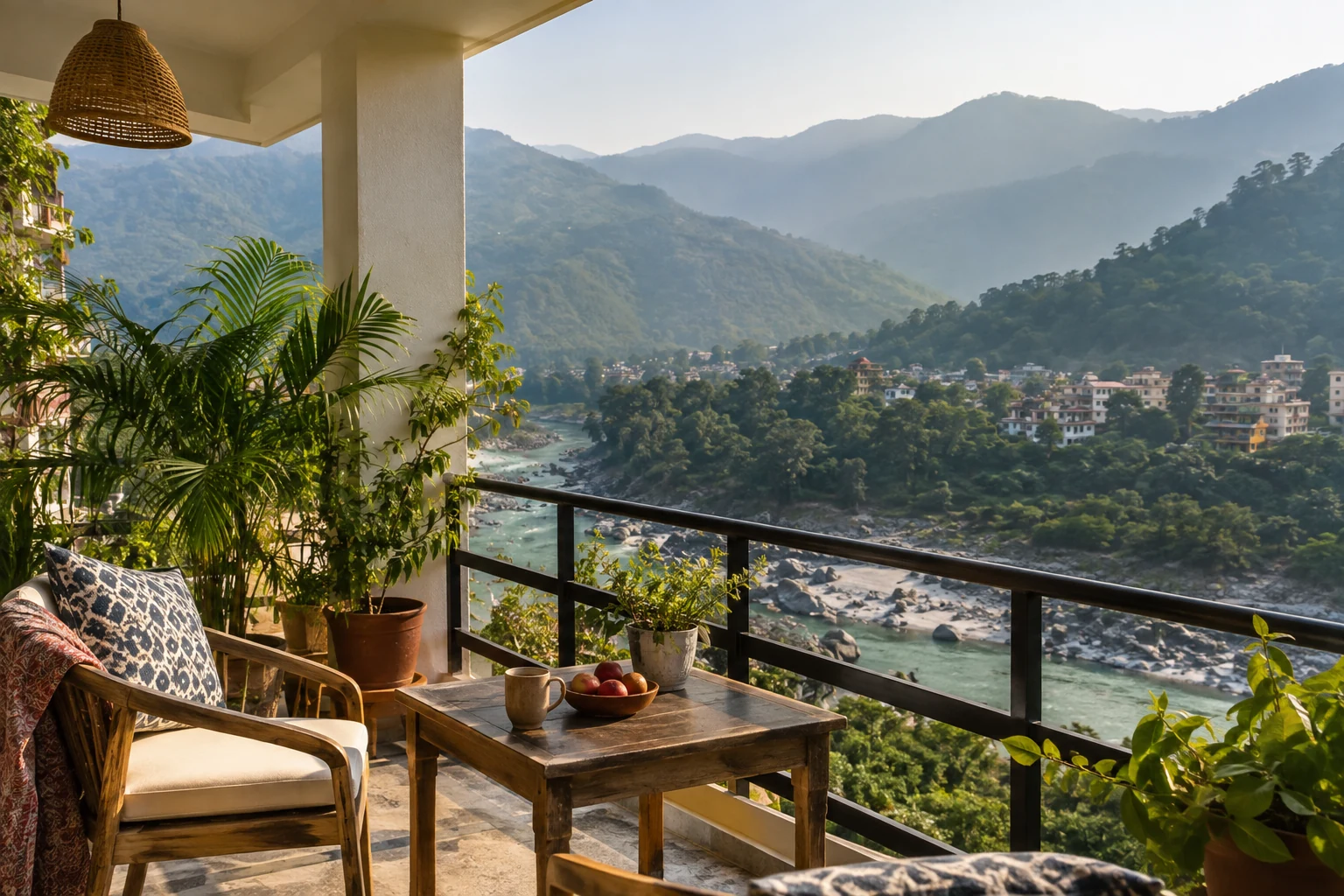 Peaceful homestay terrace overlooking the Rishikesh hills