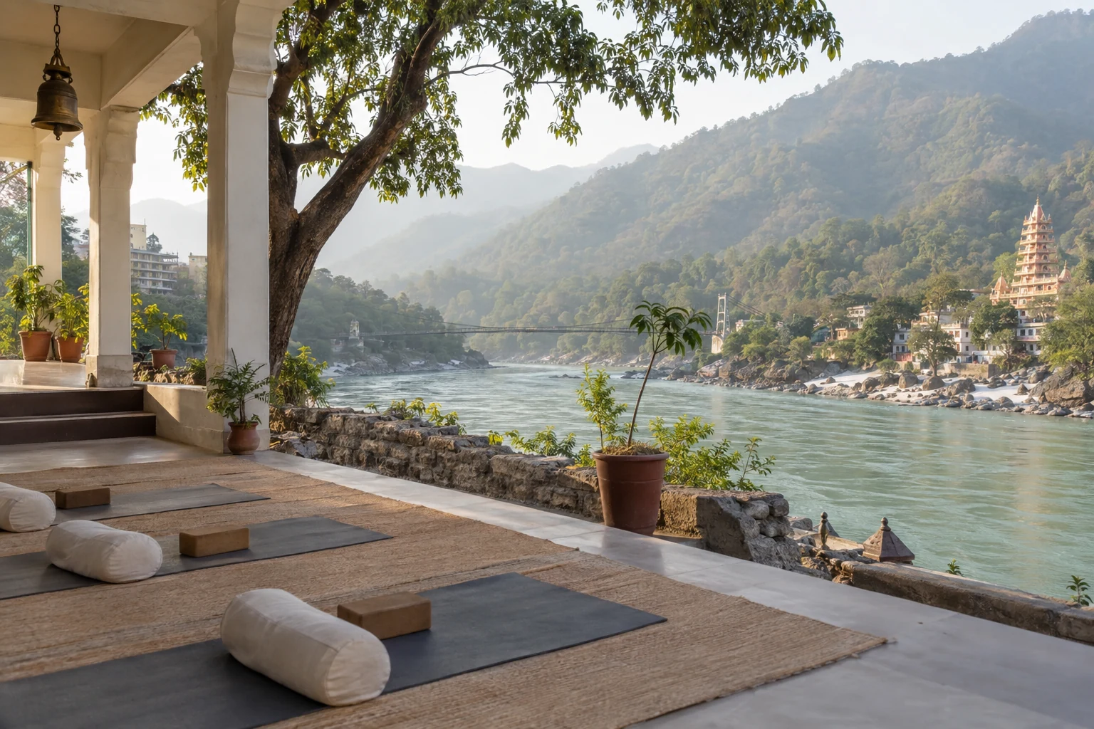 Riverside yoga and ashram setting in Rishikesh
