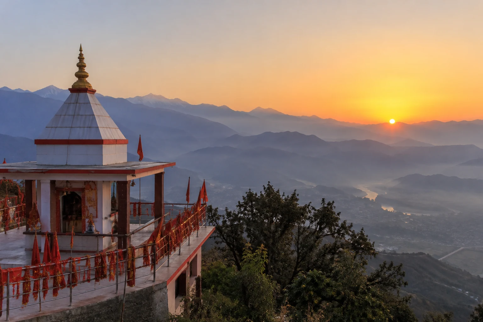 Illustrative view of the Kunjapuri Devi Temple sunrise viewpoint near Rishikesh