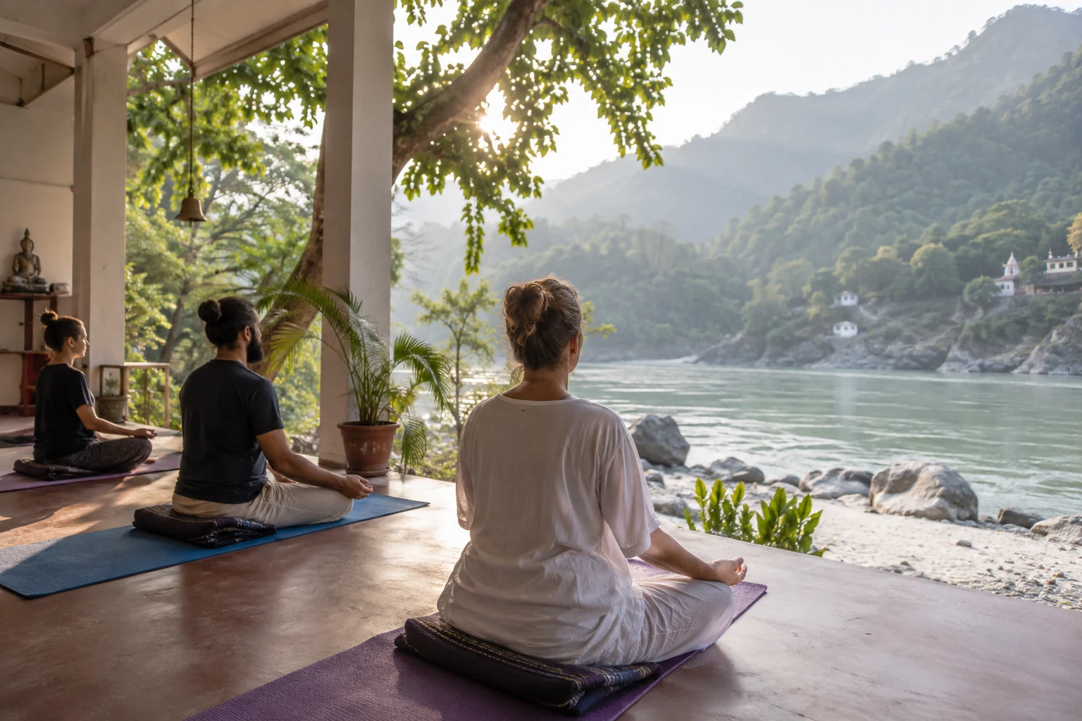 Illustrative view of a quiet yoga and meditation setting beside the Ganges near Rishikesh