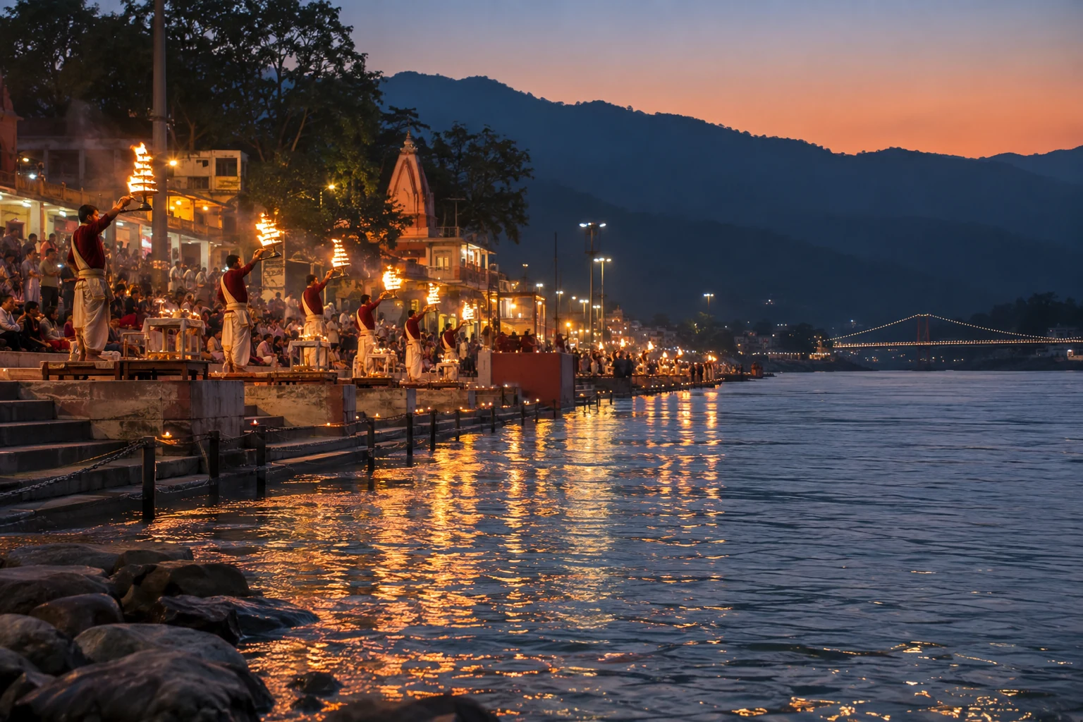 Illustrative view of Ganga Aarti ceremony at Triveni Ghat, Rishikesh
