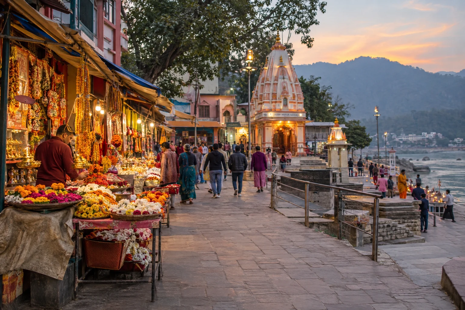Illustrative view of the temple-market street near Triveni Ghat in Rishikesh