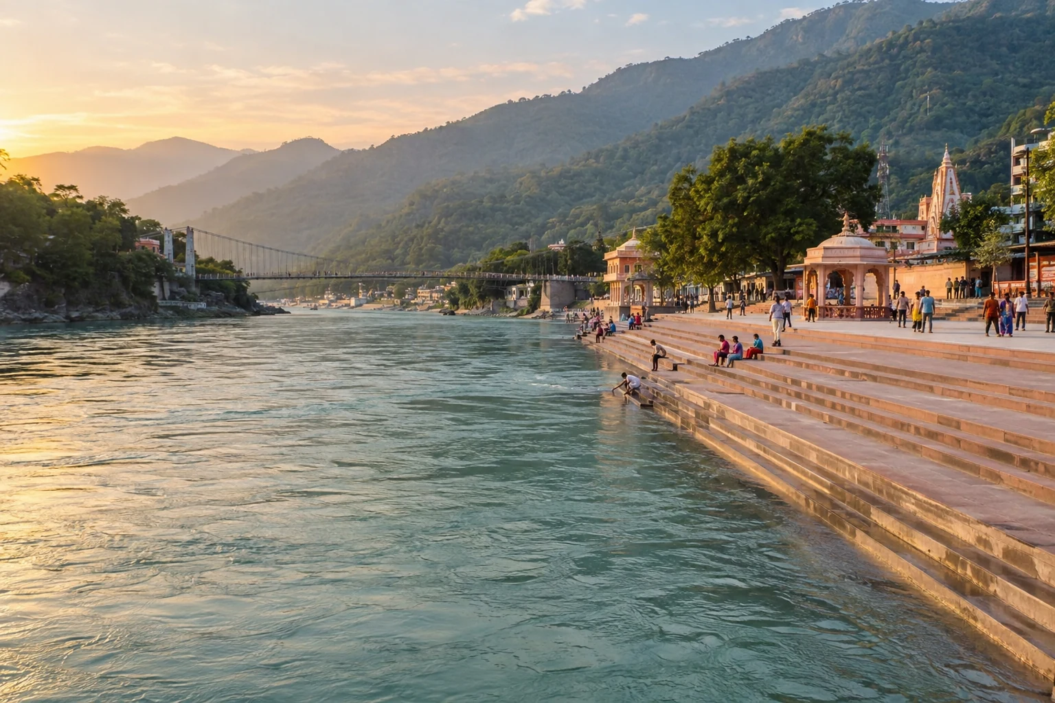 Illustrative view of the river steps and the Ganges at Triveni Ghat in Rishikesh