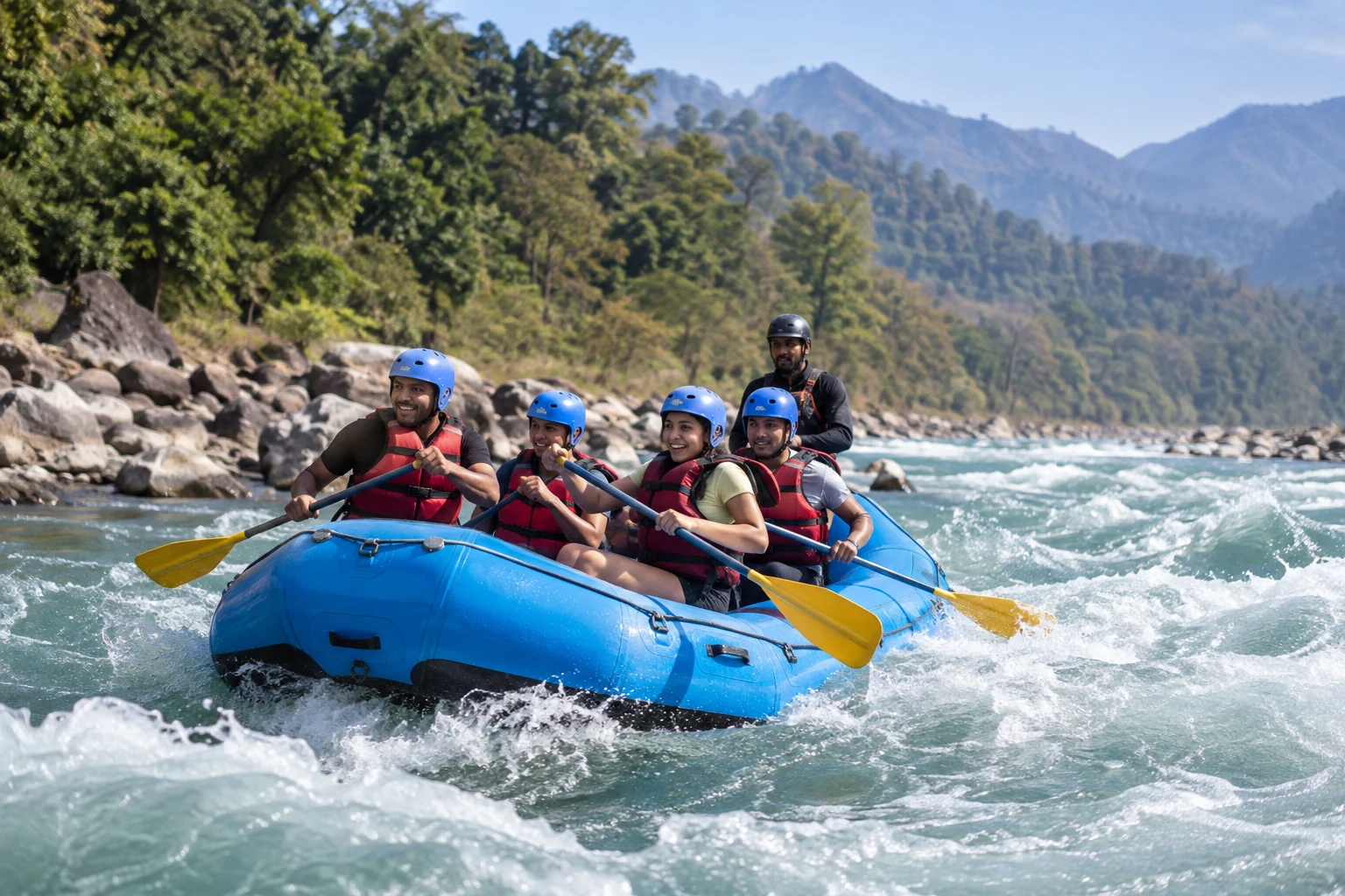 Illustrative view of river rafting on the Ganges near Rishikesh