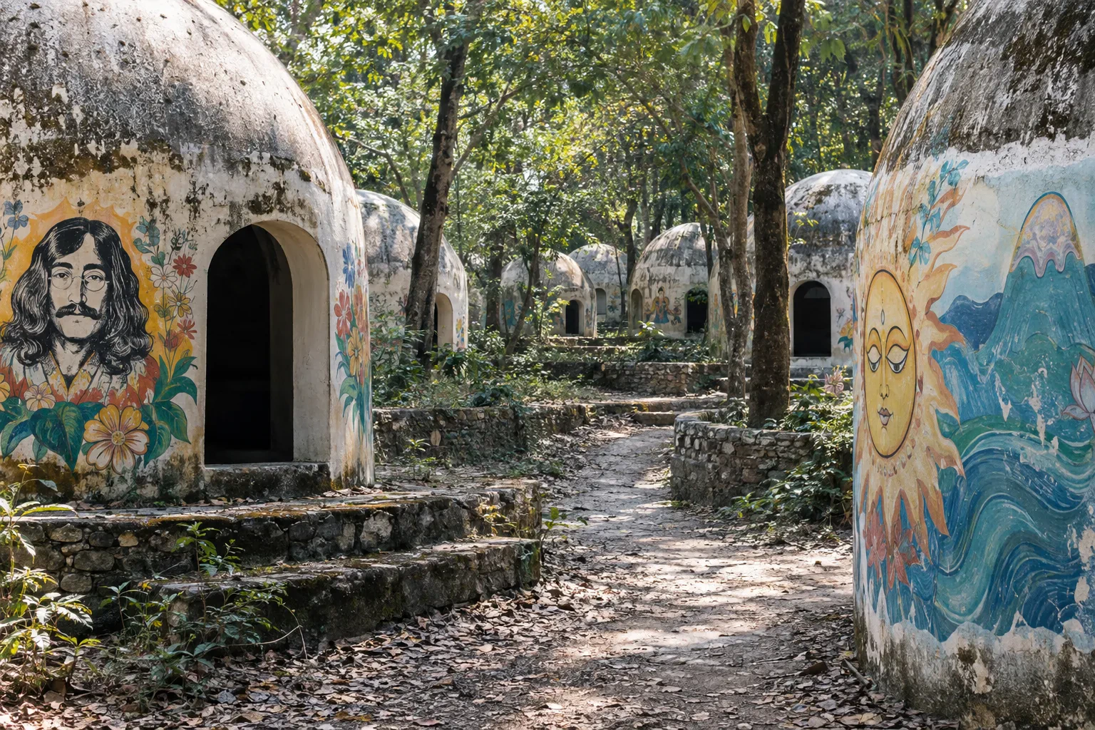 Beatles Ashram meditation huts and murals in Rishikesh