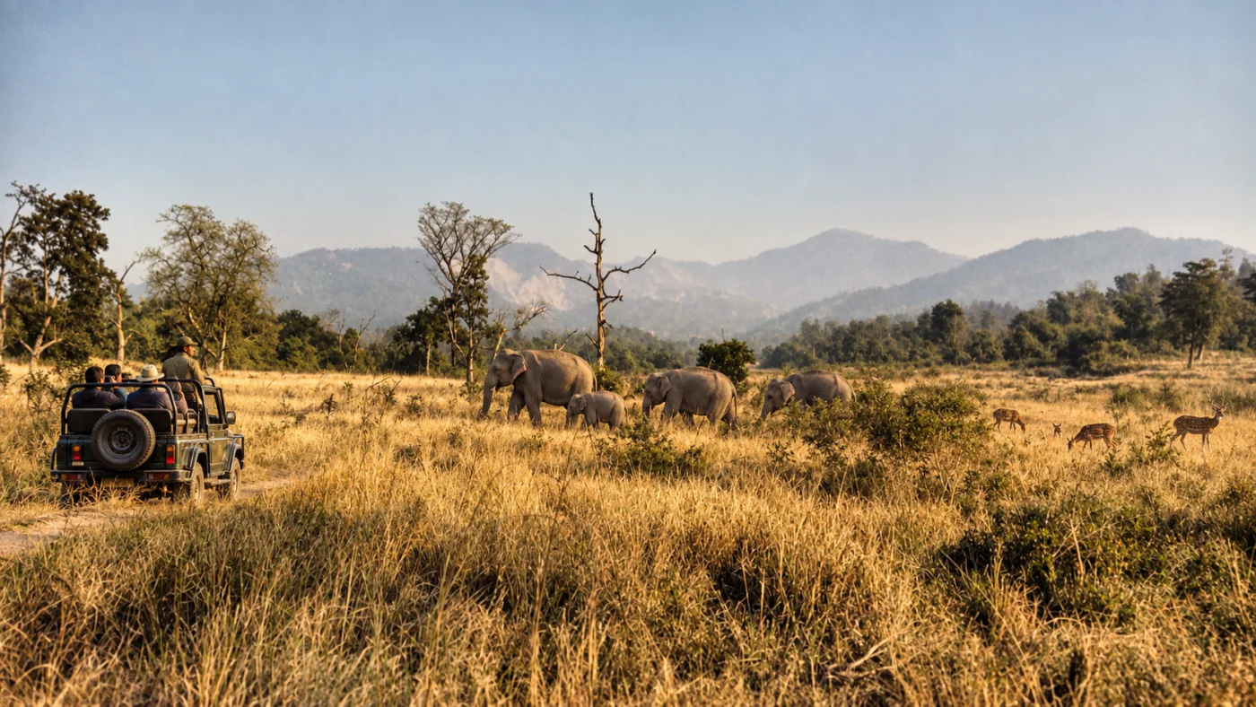 Editorial view of a Chilla Zone jeep safari with Asian elephants and spotted deer in Rajaji National Park