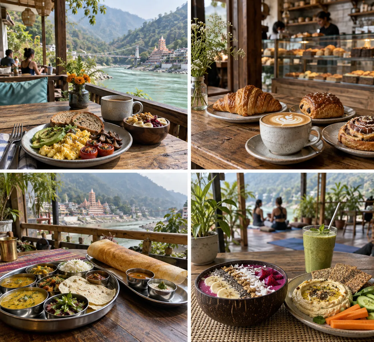 Editorial food scenes for riverside cafes, bakeries, thali, and wellness cafes in Rishikesh