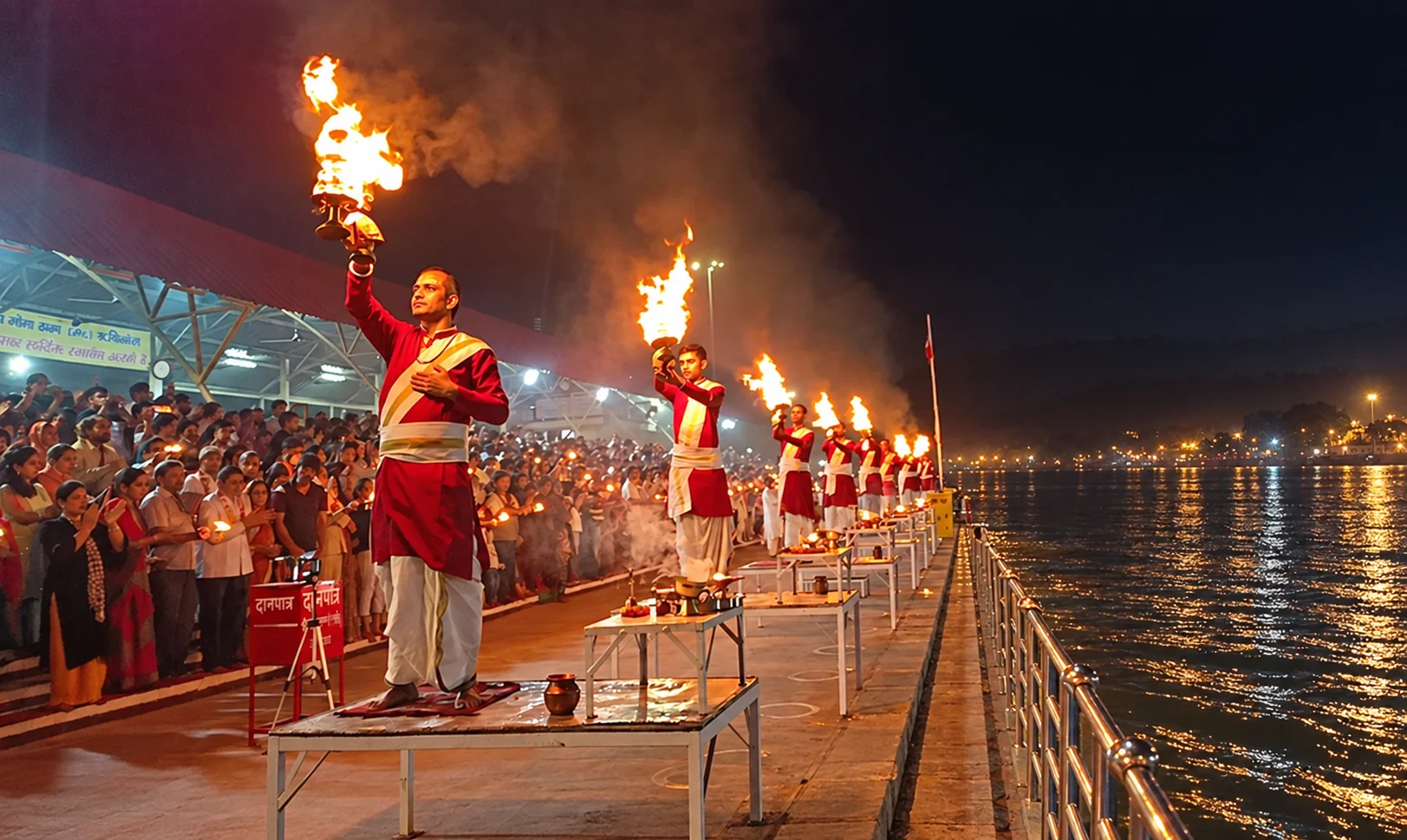 Illustrative view of the Ganga Aarti ceremony at Triveni Ghat, Rishikesh